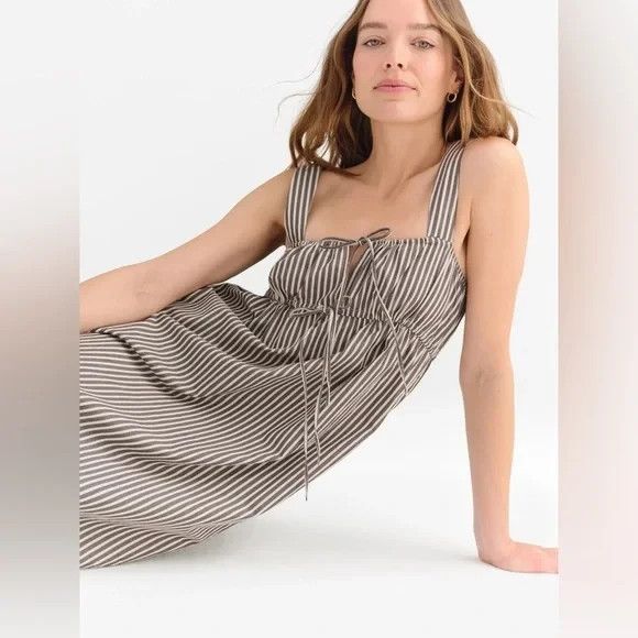 Mate The Label Organic Stripe Poplin Empire Tie Midi Dress M Nwt Brown White — image 2 of 8
